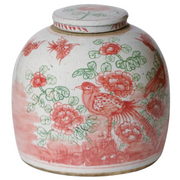 Pink & Green Porcelain Bird and Flower Lidded Jar