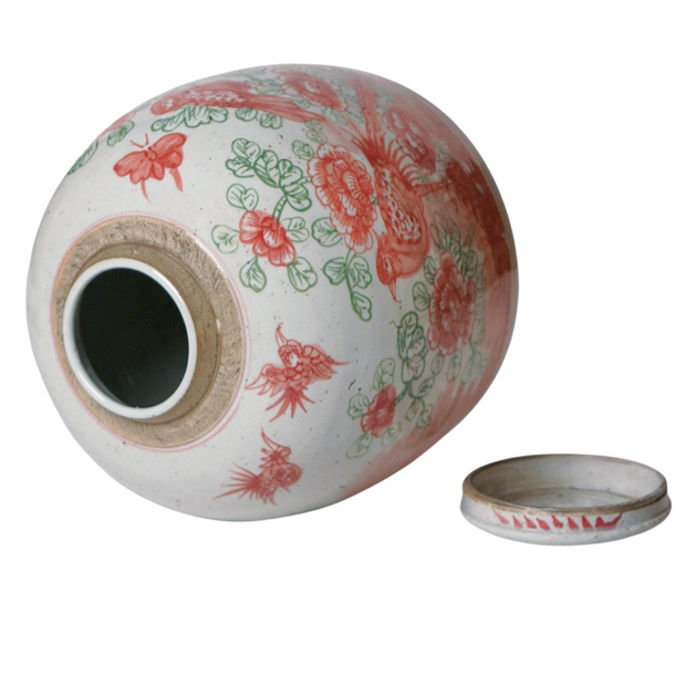 Pink & Green Porcelain Bird and Flower Lidded Jar