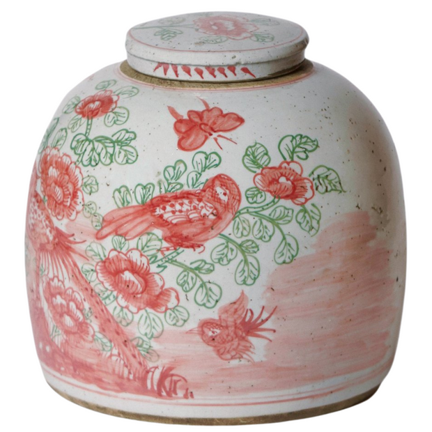 Pink & Green Porcelain Bird and Flower Lidded Jar