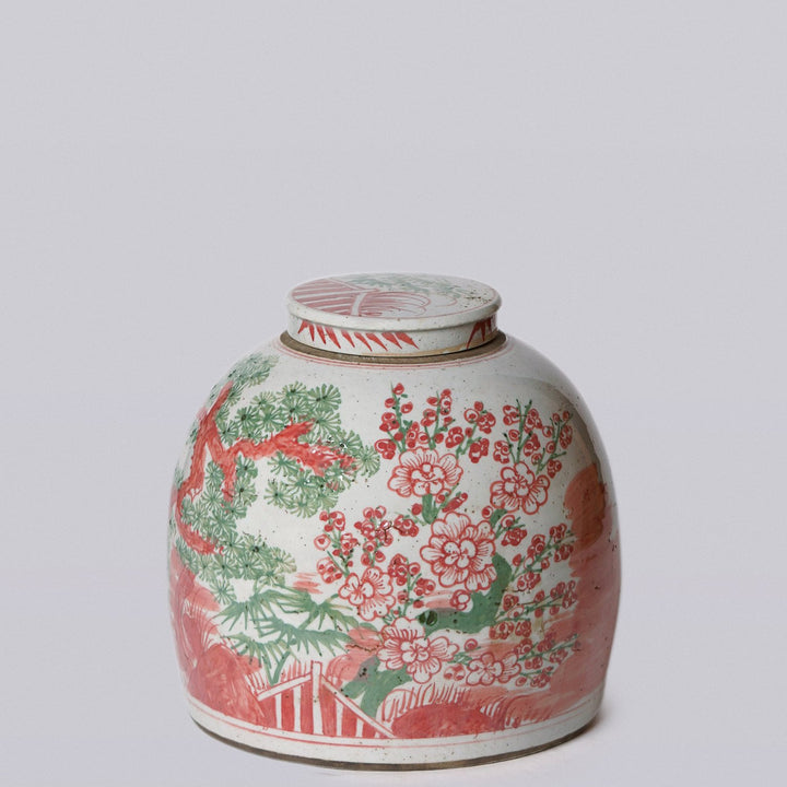 Pink & Green Porcelain Lidded Jar Three Friends Chinese Motif