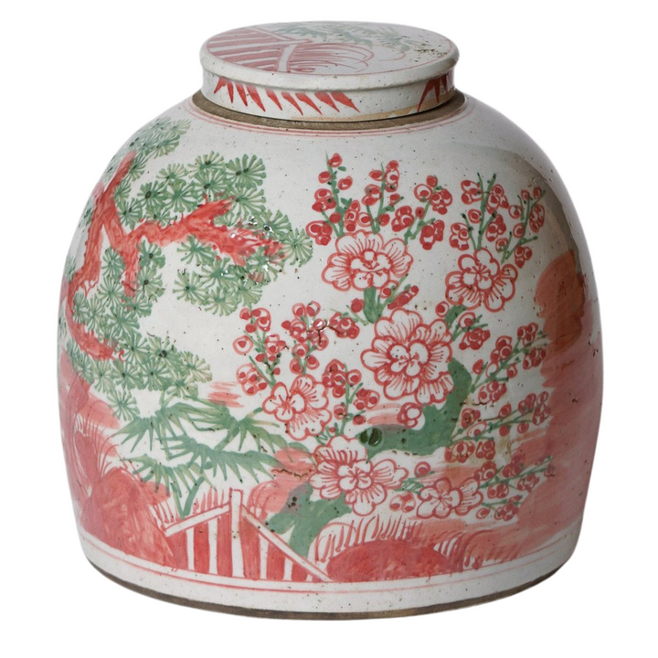 Pink & Green Porcelain Lidded Jar Three Friends Chinese Motif