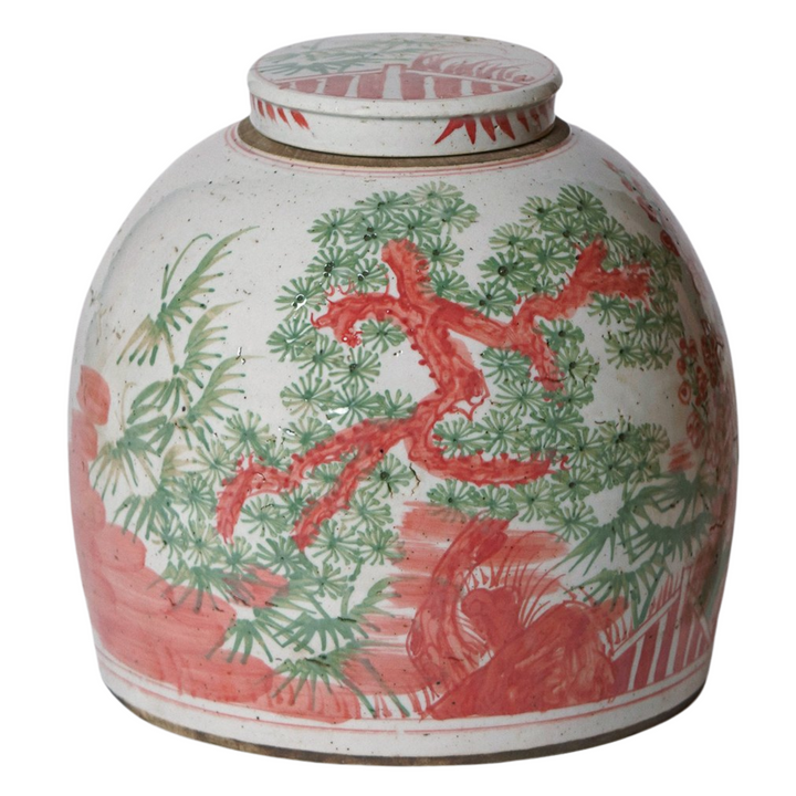 Pink & Green Porcelain Lidded Jar Three Friends Chinese Motif