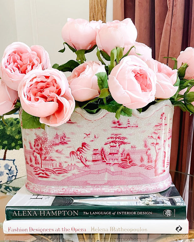Pink & White Chinoiserie Pagoda Oval Cachepot