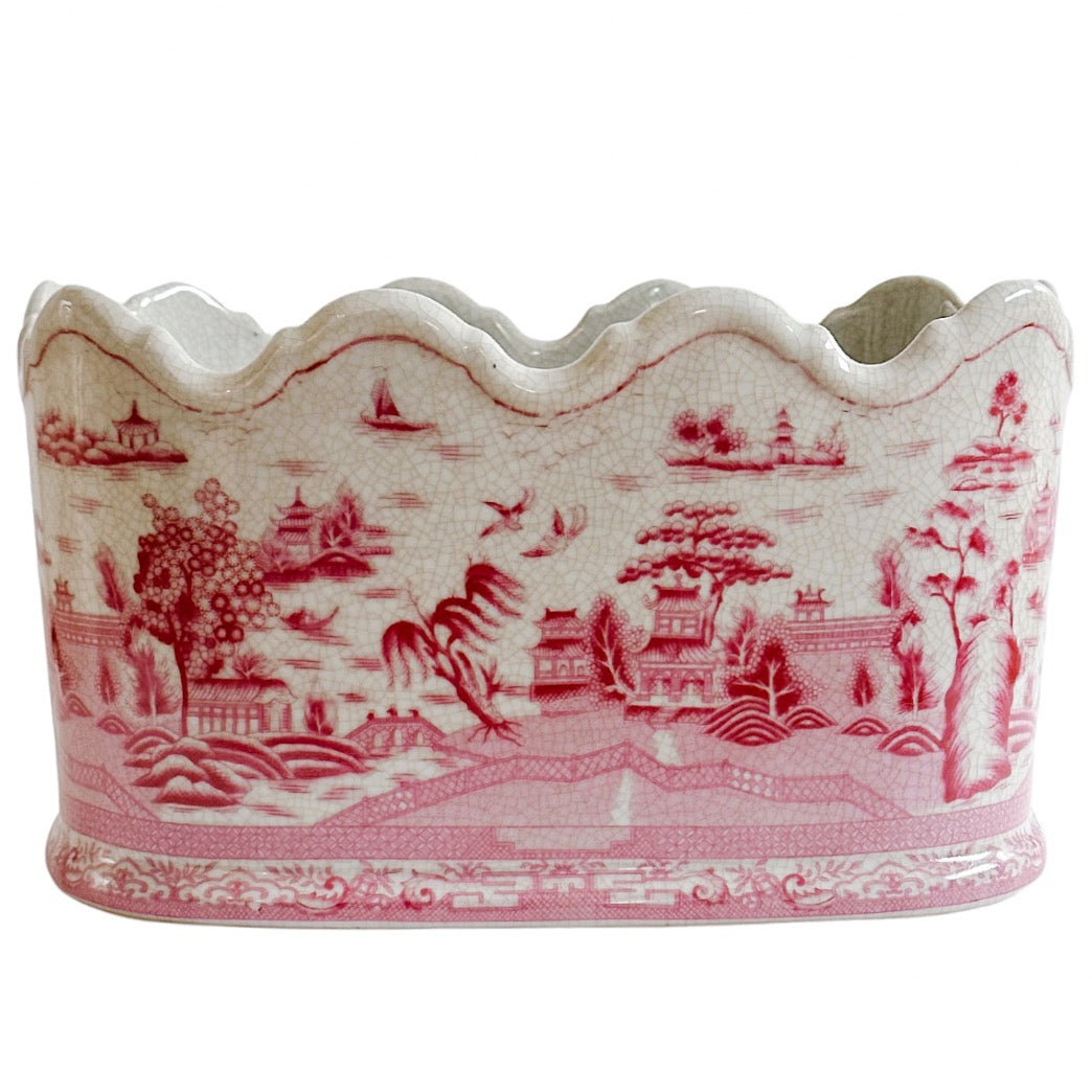 Pink & White Chinoiserie Pagoda Oval Cachepot