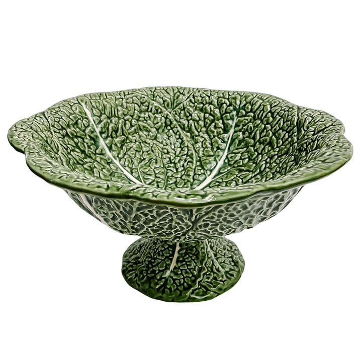 Portuguese Green Cabbage Leaf Earthenware Footed Bowl