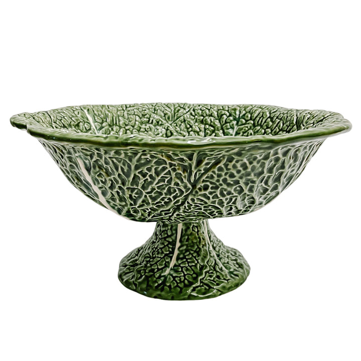 Portuguese Green Cabbage Leaf Earthenware Footed Bowl