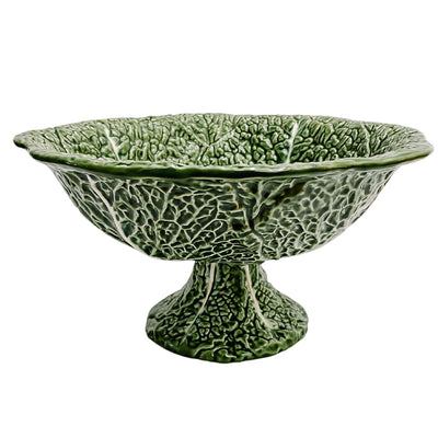 Portuguese Green Cabbage Leaf Earthenware Footed Bowl