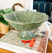 Portuguese Green Cabbage Leaf Earthenware Footed Bowl