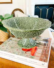 Portuguese Green Cabbage Leaf Earthenware Footed Bowl