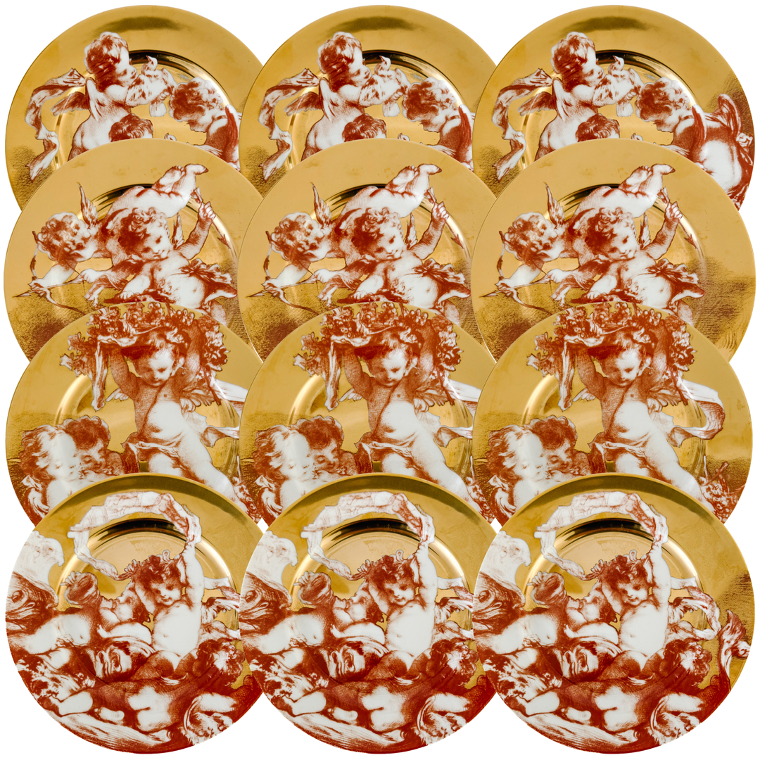 Rare Complete Set of Fitz and Floyd "Cherubini" Gold Gilt & Sanguine Plates