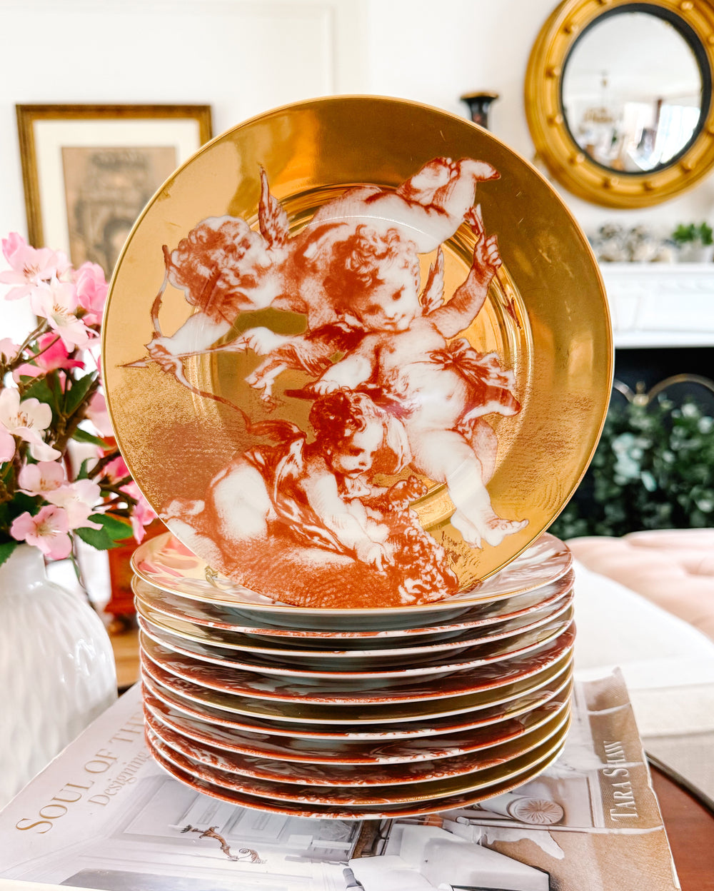 Rare Complete Set of Fitz and Floyd "Cherubini" Gold Gilt & Sanguine Plates