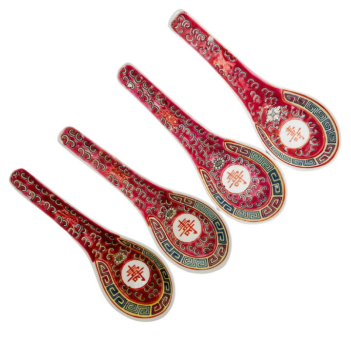 Red Enamel Famille Rose Porcelain Soup Spoons