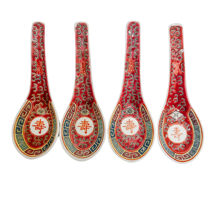 Red Enamel Famille Rose Porcelain Soup Spoons