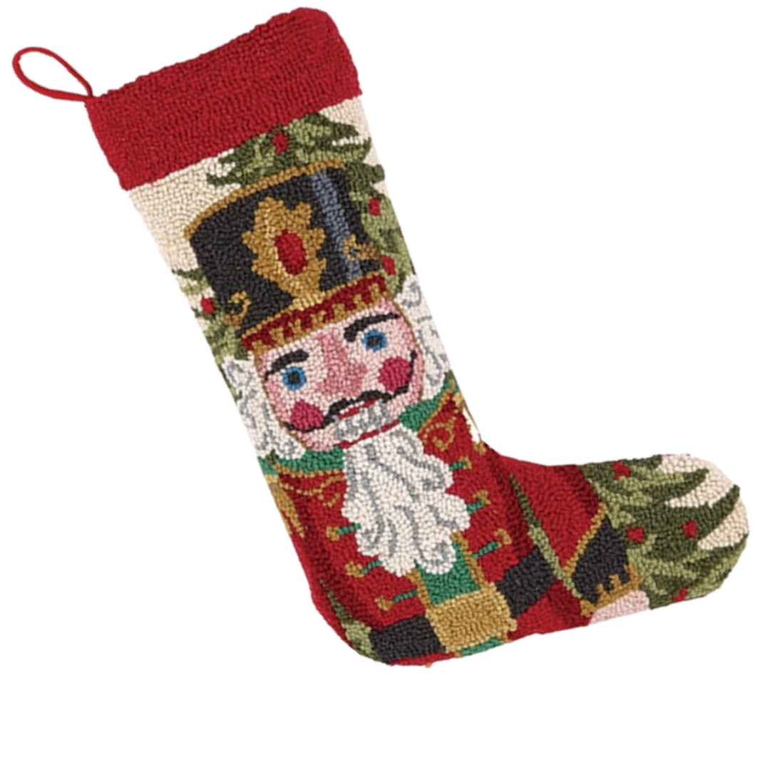 Red Wool Hooked Nutcracker Christmas Stocking