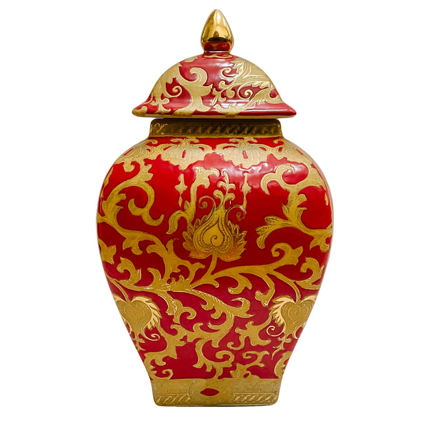 Reg & Gold Chinoiserie Square Decorative Jar