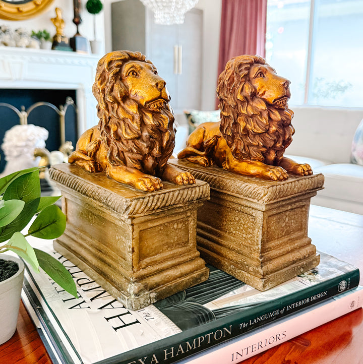 Regal Gilt Lion on Plinth Bookends