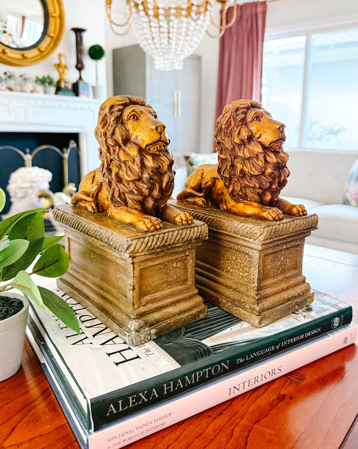 Regal Gilt Lion on Plinth Bookends