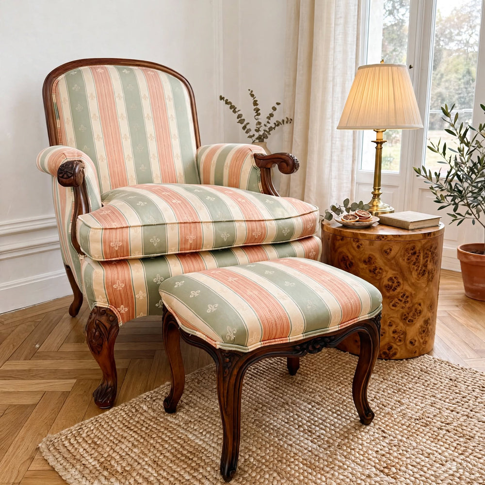 Rococo Revival Italian Carved Bergere Armchair & Footstool
