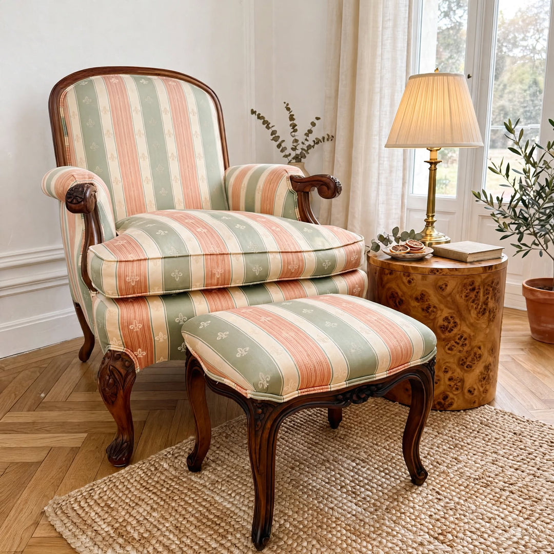 Rococo Revival Italian Carved Bergere Armchair & Footstool