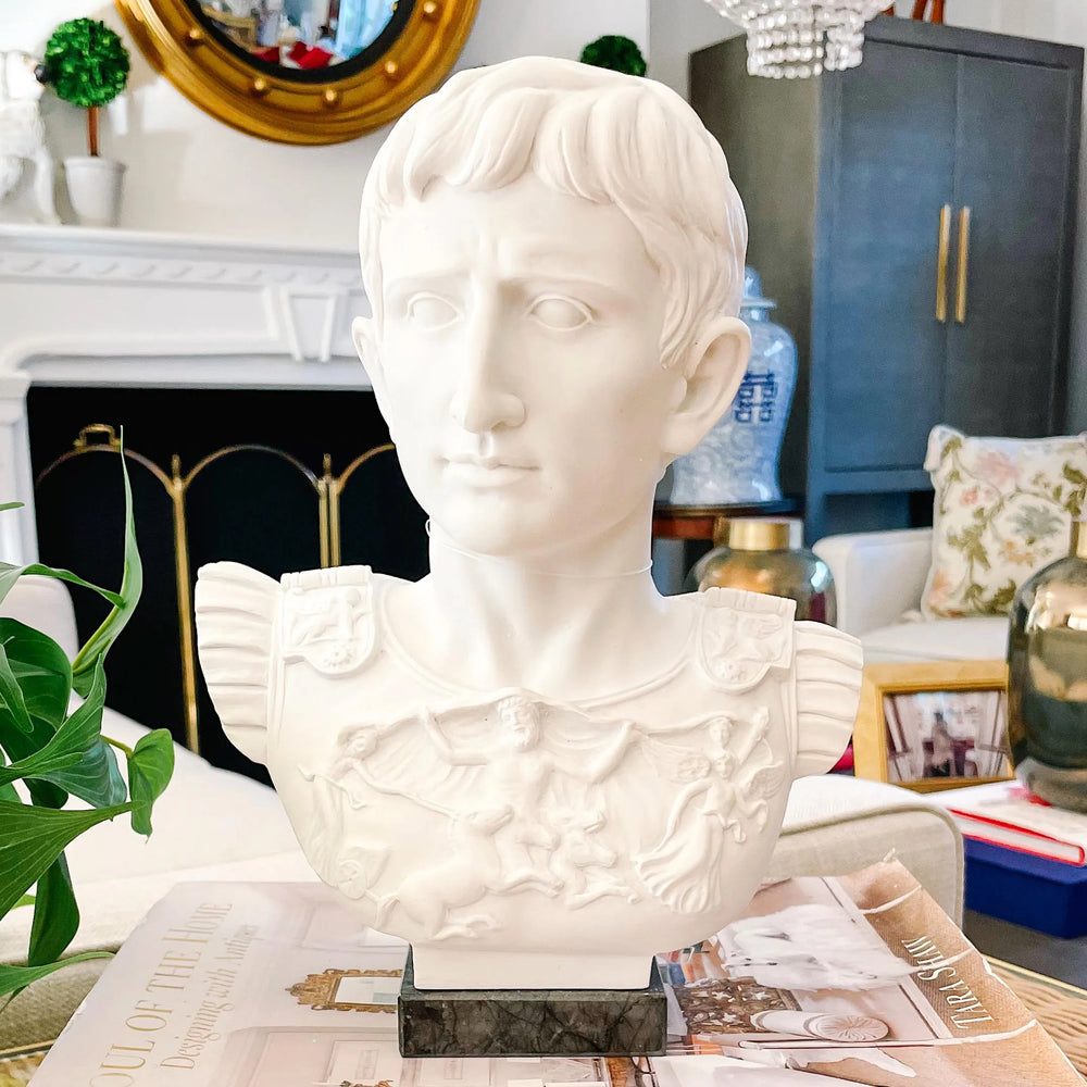 Roman Emperor Octavian Augustus Caesar Bust Sculpture on Marble Base