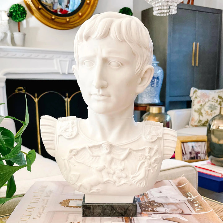 Roman Emperor Octavian Augustus Caesar Bust Sculpture on Marble Base