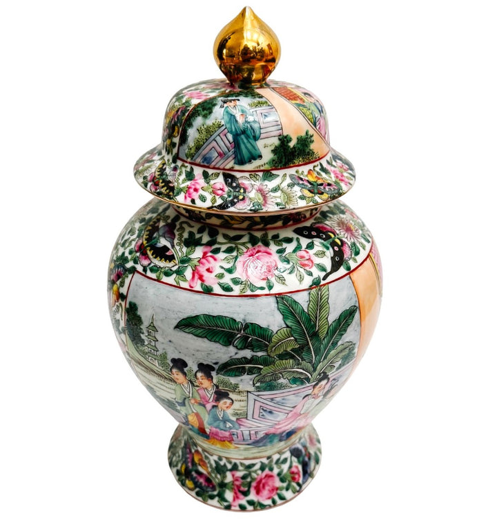 Vintage Rose Medallion Chinoiserie Temple Jar