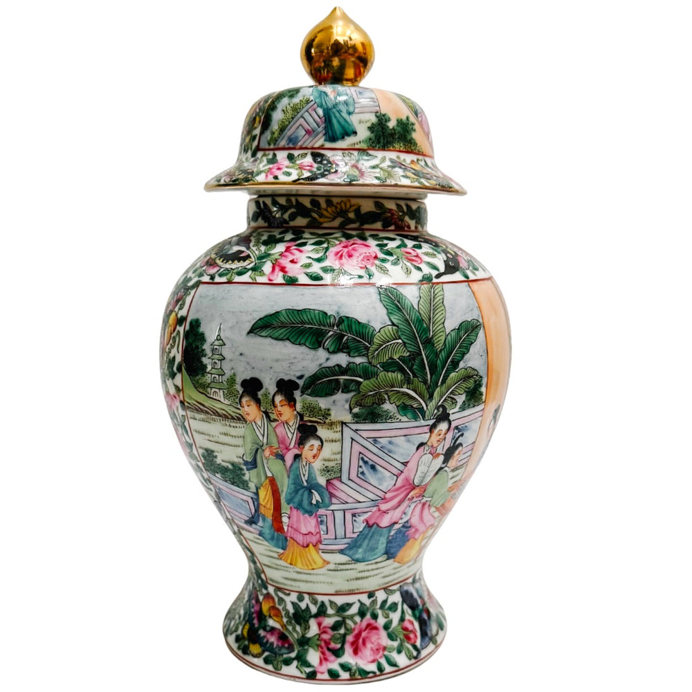 Vintage Rose Medallion Chinoiserie Temple Jar