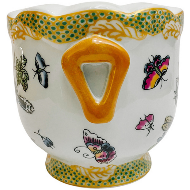 Round Bird & Flower Porcelain Scalloped Cachepot
