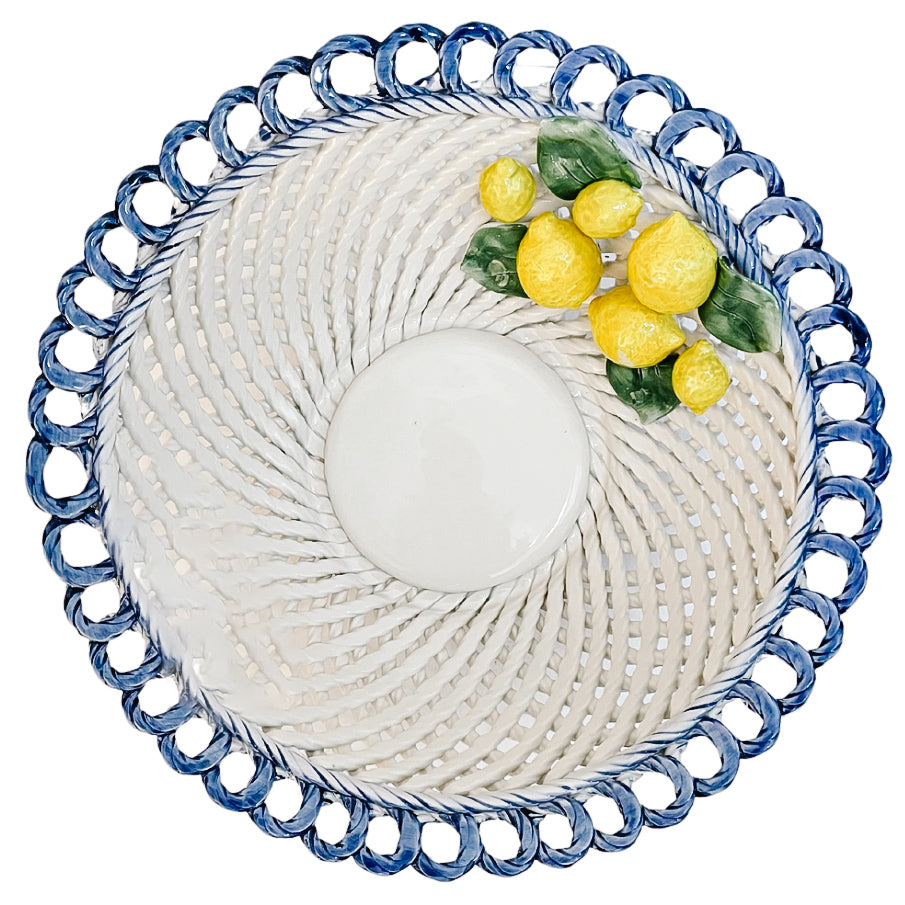 Round Italian Hand-Painted Ceramic Basket Bowl With Lemons