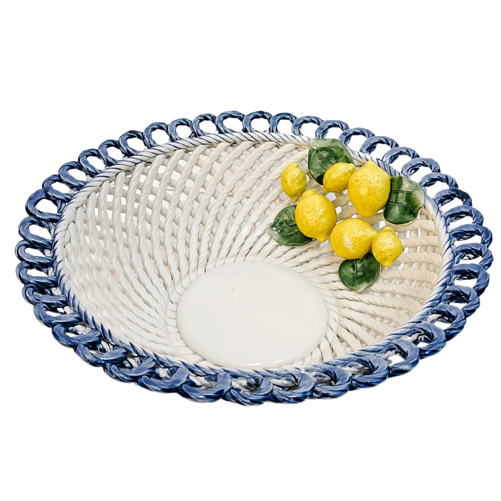 Round Italian Hand-Painted Ceramic Basket Bowl With Lemons