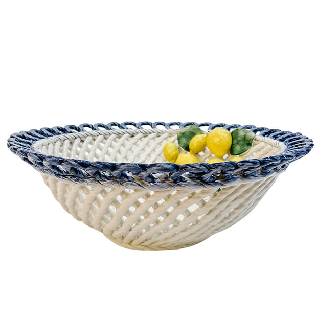 Round Italian Hand-Painted Ceramic Basket Bowl With Lemons