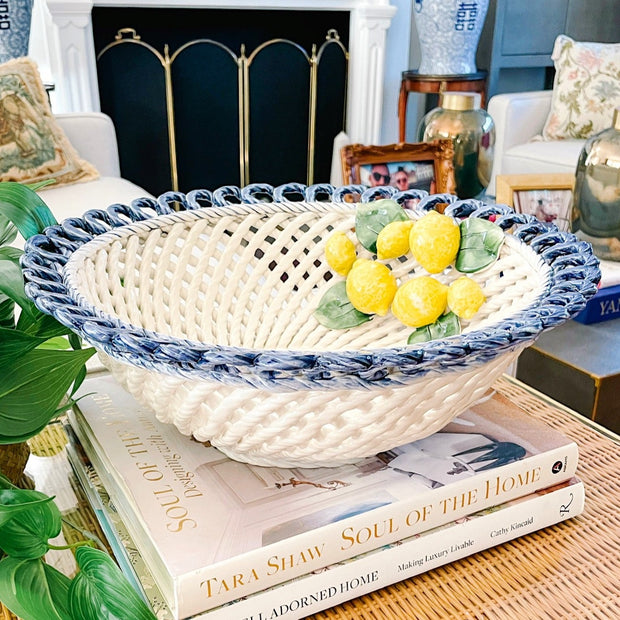 Round Italian Hand-Painted Ceramic Basket Bowl With Lemons