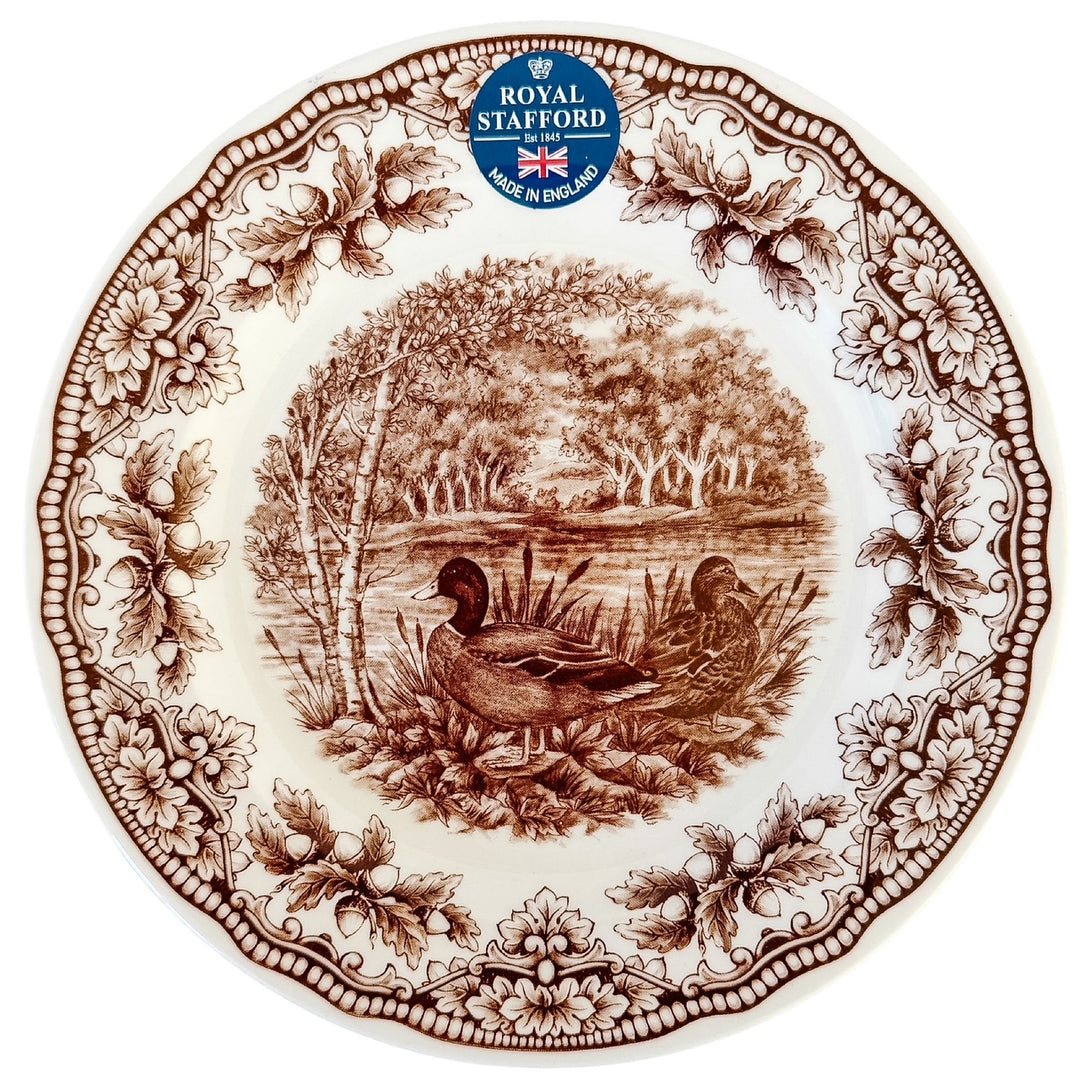 Royal Stafford English Brown Transferware Ducks & Acorns Thanksgiving Salad Plates, Set of 12