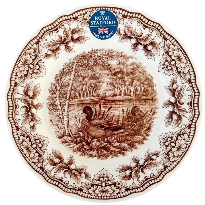 Royal Stafford English Brown Transferware Ducks & Acorns Thanksgiving Salad Plates, Set of 12