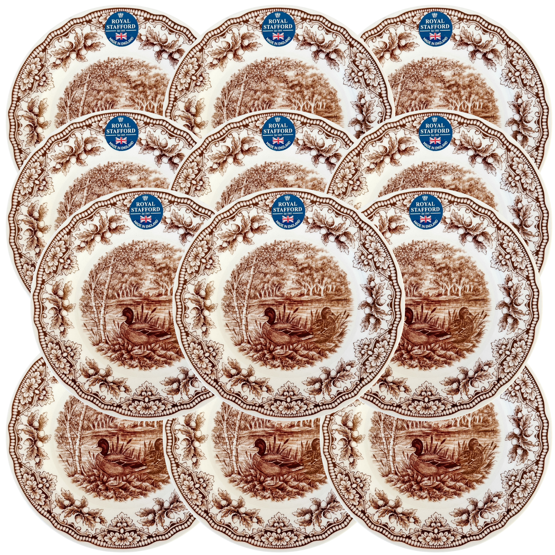 Royal Stafford English Brown Transferware Ducks & Acorns Thanksgiving Salad Plates, Set of 12
