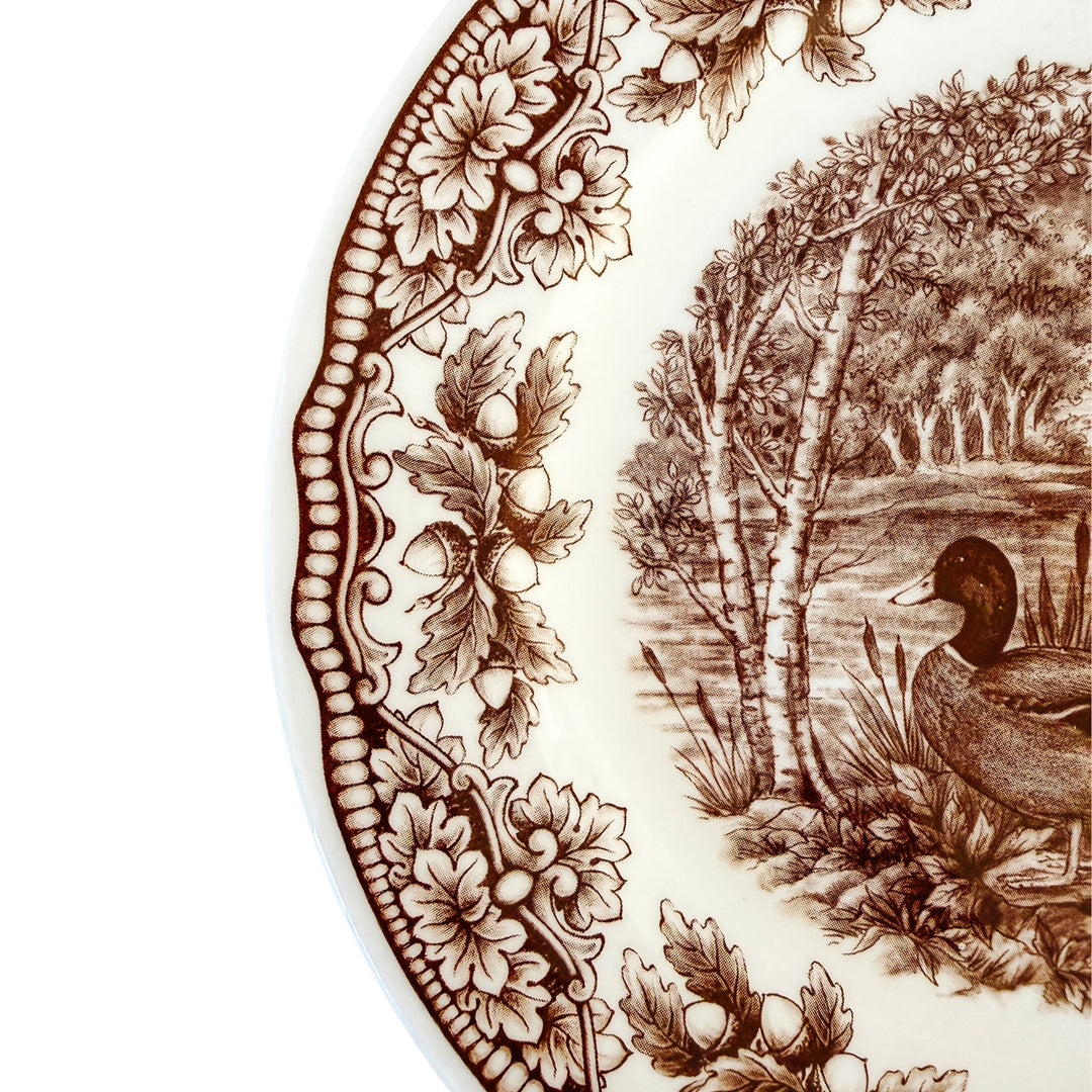 Royal Stafford English Brown Transferware Ducks & Acorns Thanksgiving Salad Plates, Set of 12