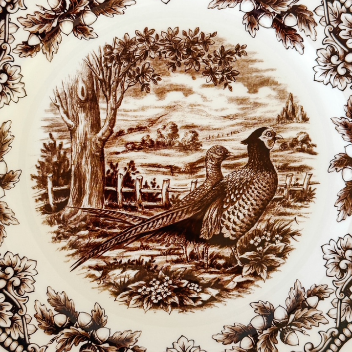 Royal Stafford English Brown Transferware Pheasants & Acorns Thanksgiving Salad Plates