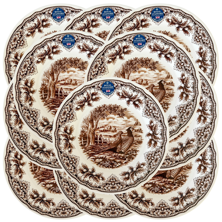 Royal Stafford English Brown Transferware Pheasants & Acorns Thanksgiving Salad Plates