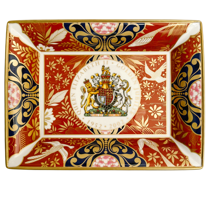 Royal Worcester Queen Elizabeth II Golden Jubilee Imari Porcelain Catchall Tray In Original Box
