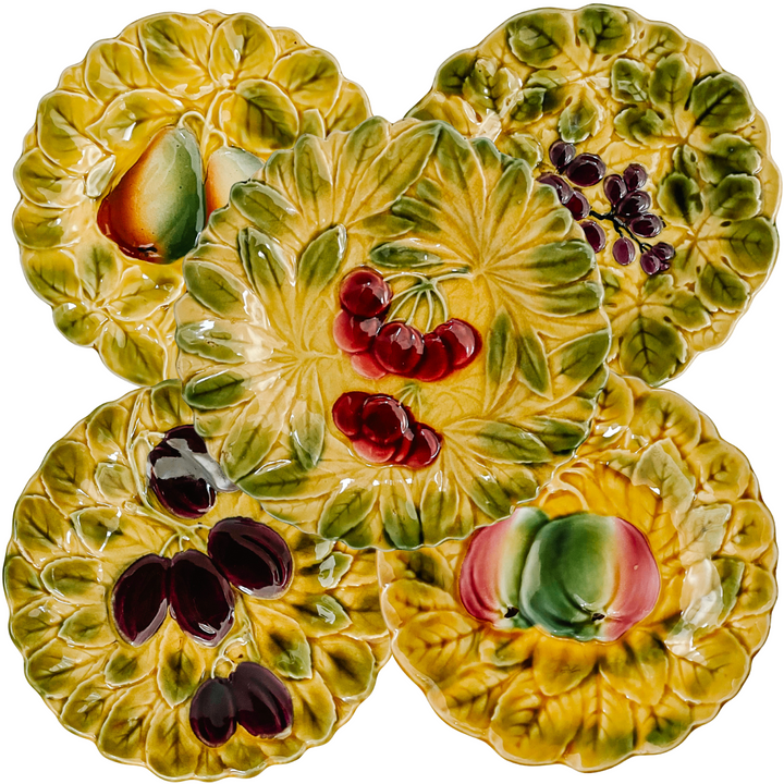 1940s Sarreguemines French Faience Majolica Fruit Plates - Set of 5