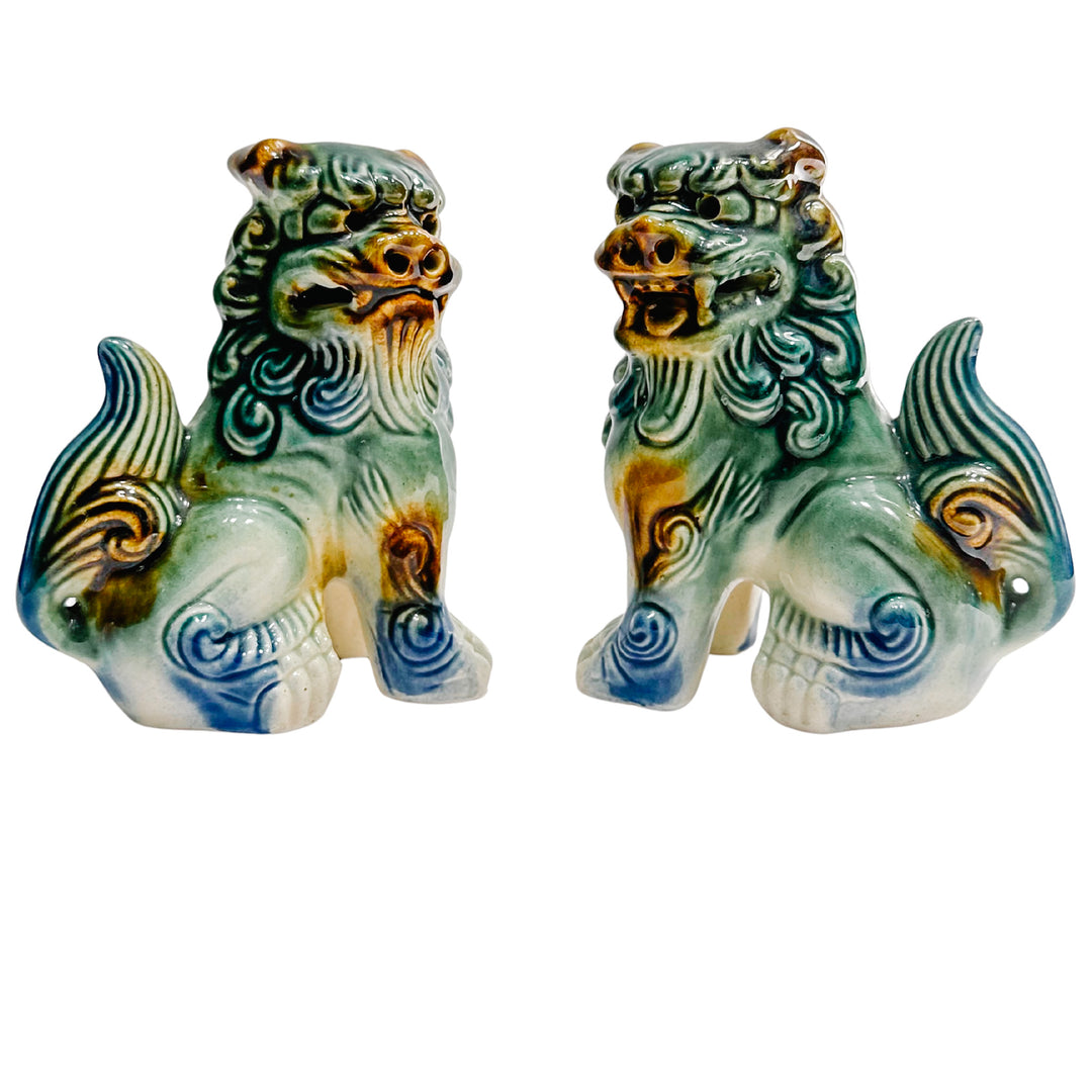 Small Green & Blue Glazed Ceramic Foo Dog Figurines
