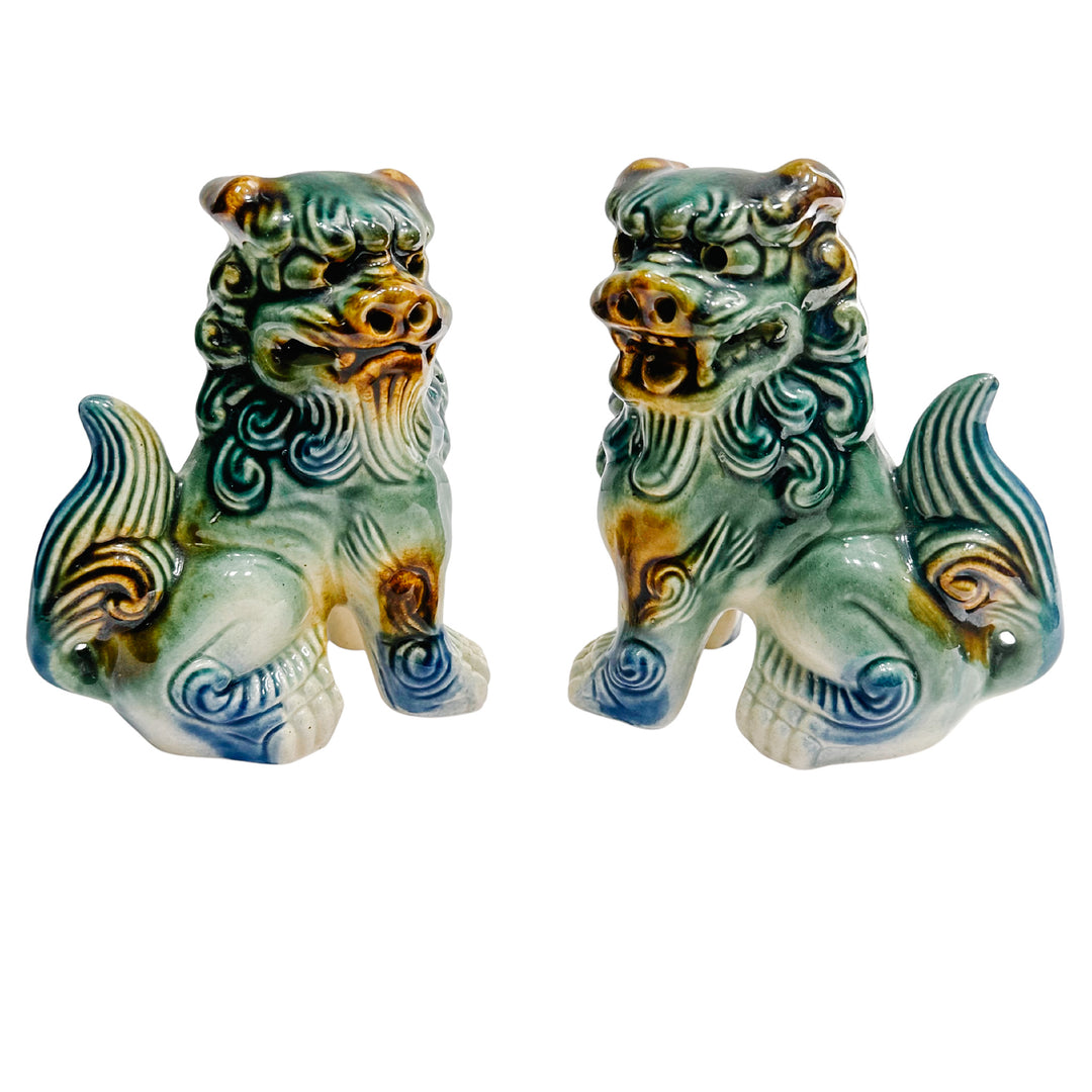 Small Green & Blue Glazed Ceramic Foo Dog Figurines