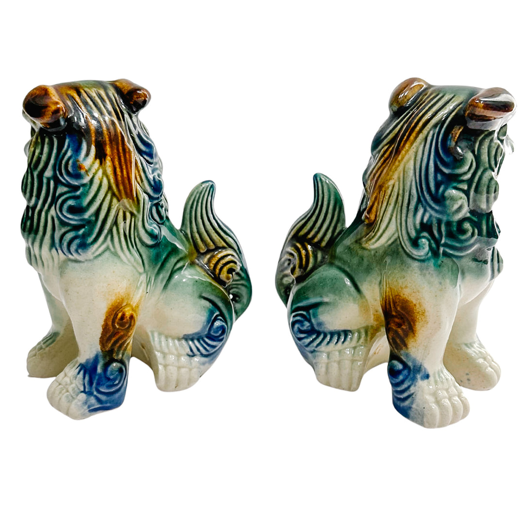 Small Green & Blue Glazed Ceramic Foo Dog Figurines