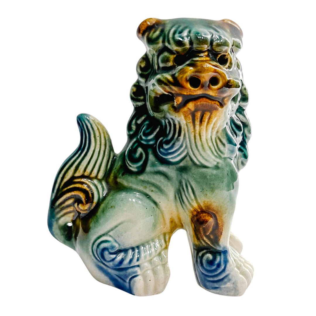 Small Green & Blue Glazed Ceramic Foo Dog Figurines