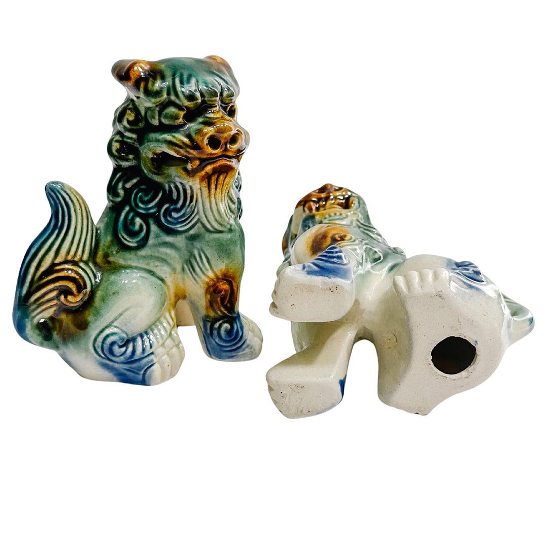 Small Green & Blue Glazed Ceramic Foo Dog Figurines