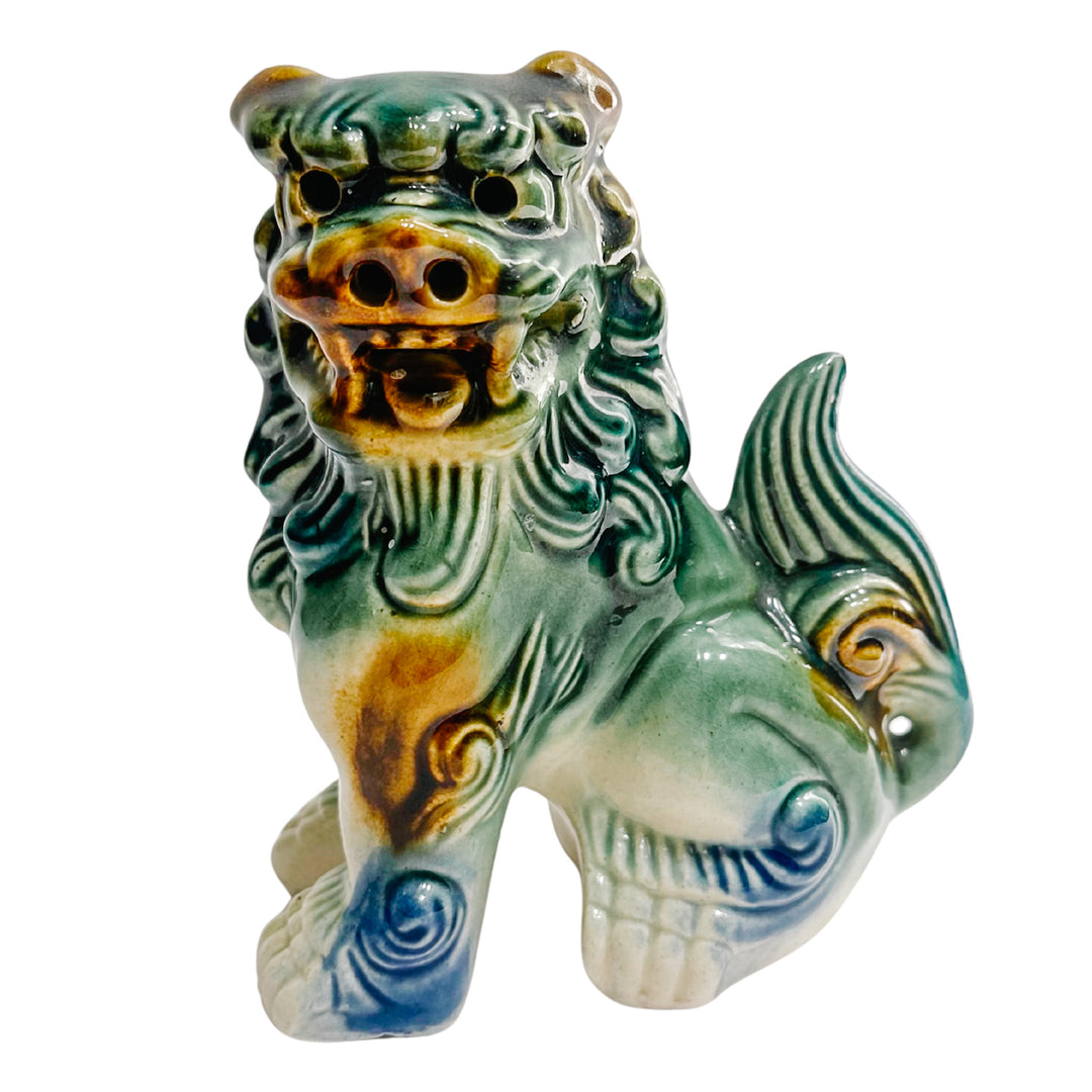 Small Green & Blue Glazed Ceramic Foo Dog Figurines