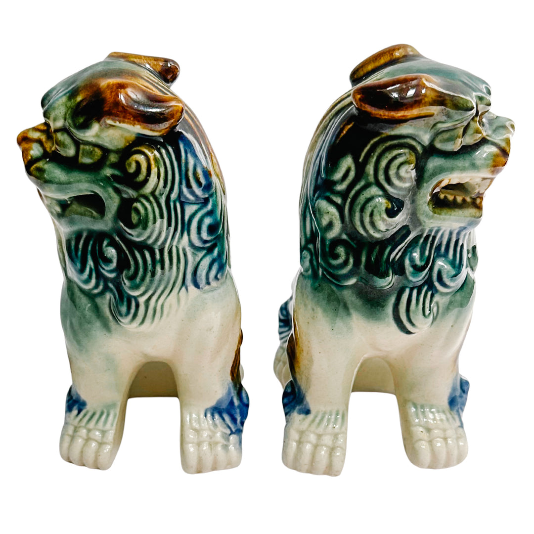 Small Green & Blue Glazed Ceramic Foo Dog Figurines