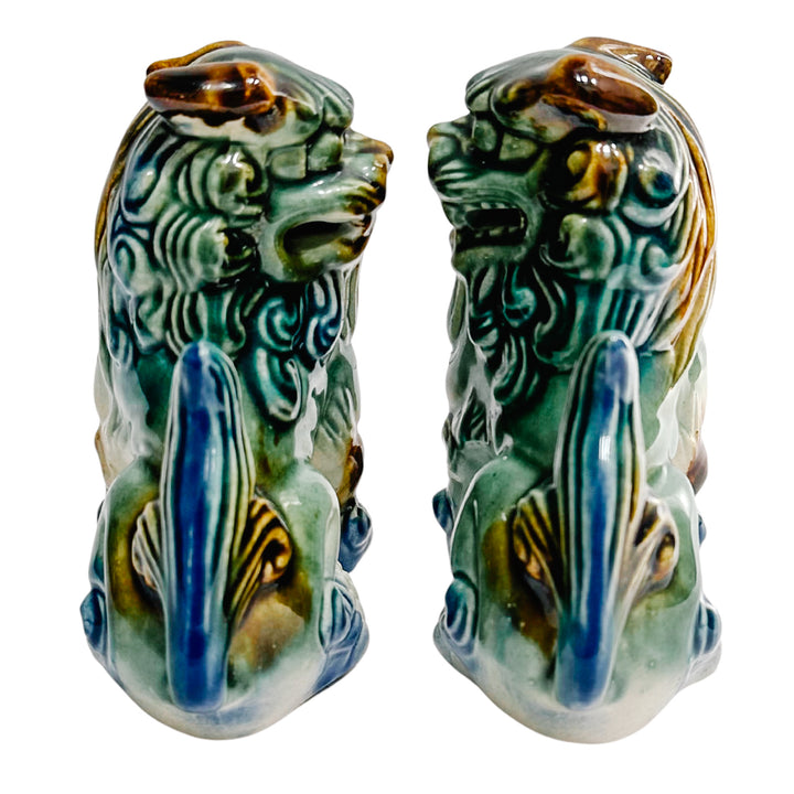 Small Green & Blue Glazed Ceramic Foo Dog Figurines