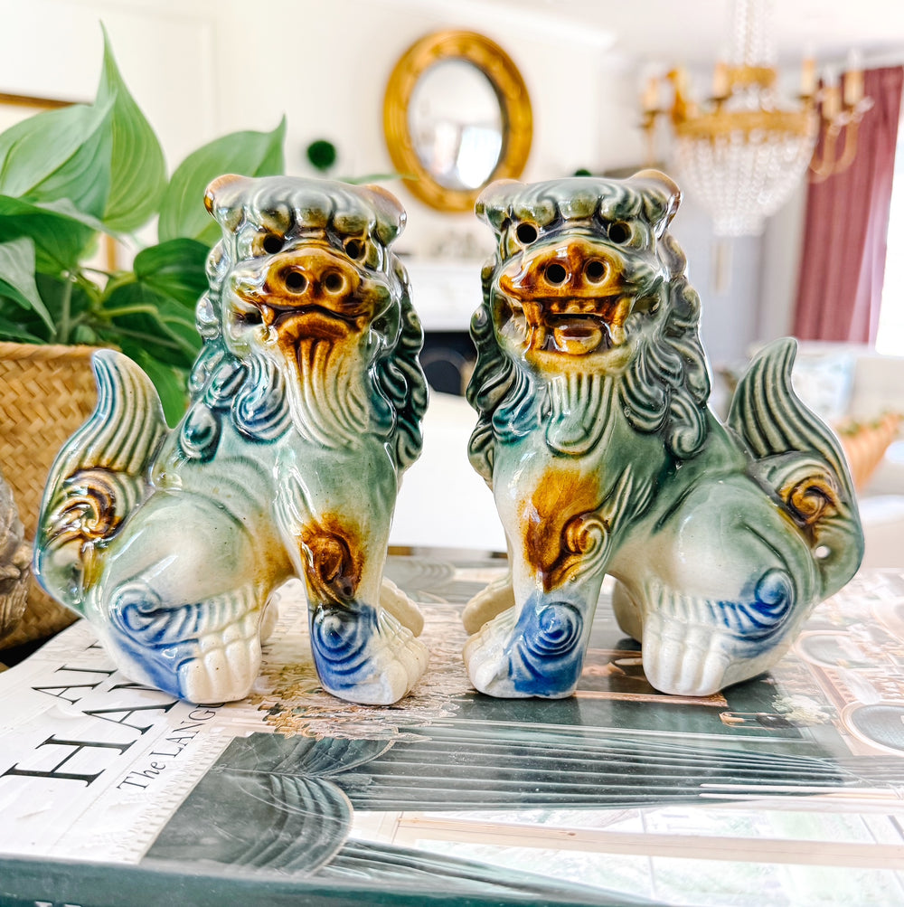 Small Green & Blue Glazed Ceramic Foo Dog Figurines