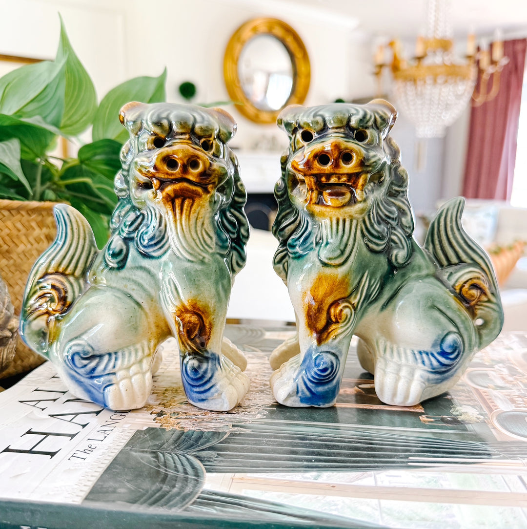 Small Green & Blue Glazed Ceramic Foo Dog Figurines